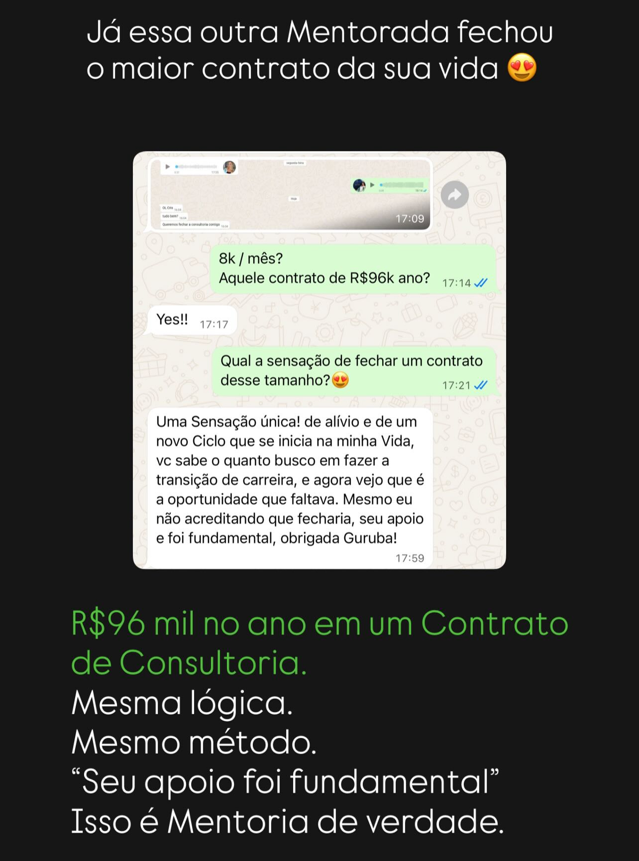 Print de conversa no WhatsApp de um mentorado relatando resultado após aplicar o método