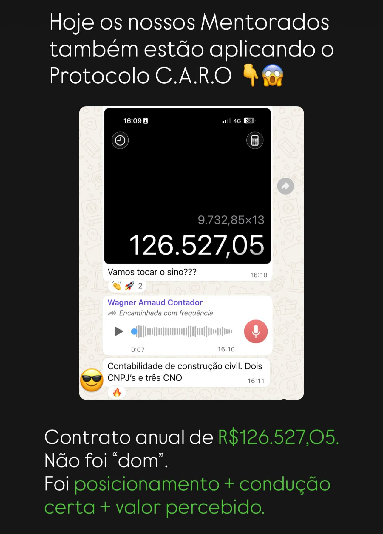 Print de conversa no WhatsApp de um mentorado relatando resultado após aplicar o método