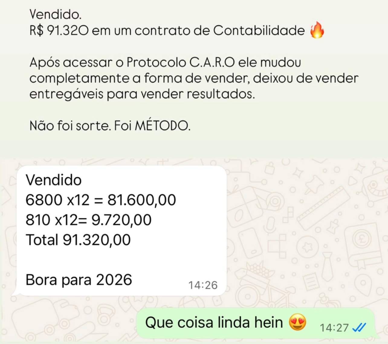 Print de conversa no WhatsApp de um mentorado relatando resultado após aplicar o método
