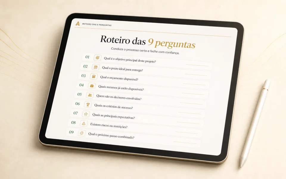 Mockup do Roteiro das 9 perguntas aberto em um tablet